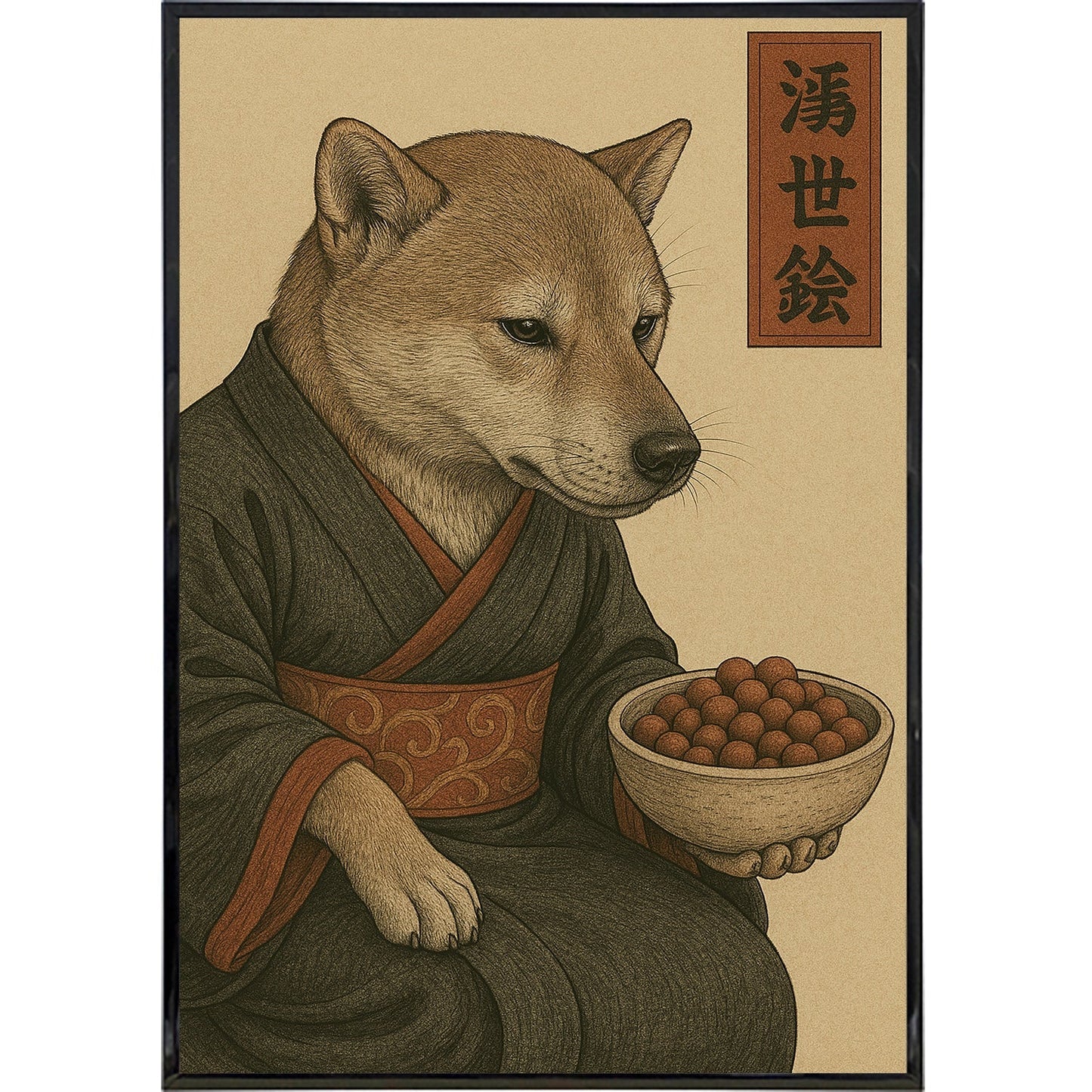 Ukiyo-e style dog art print contemplating kibble
