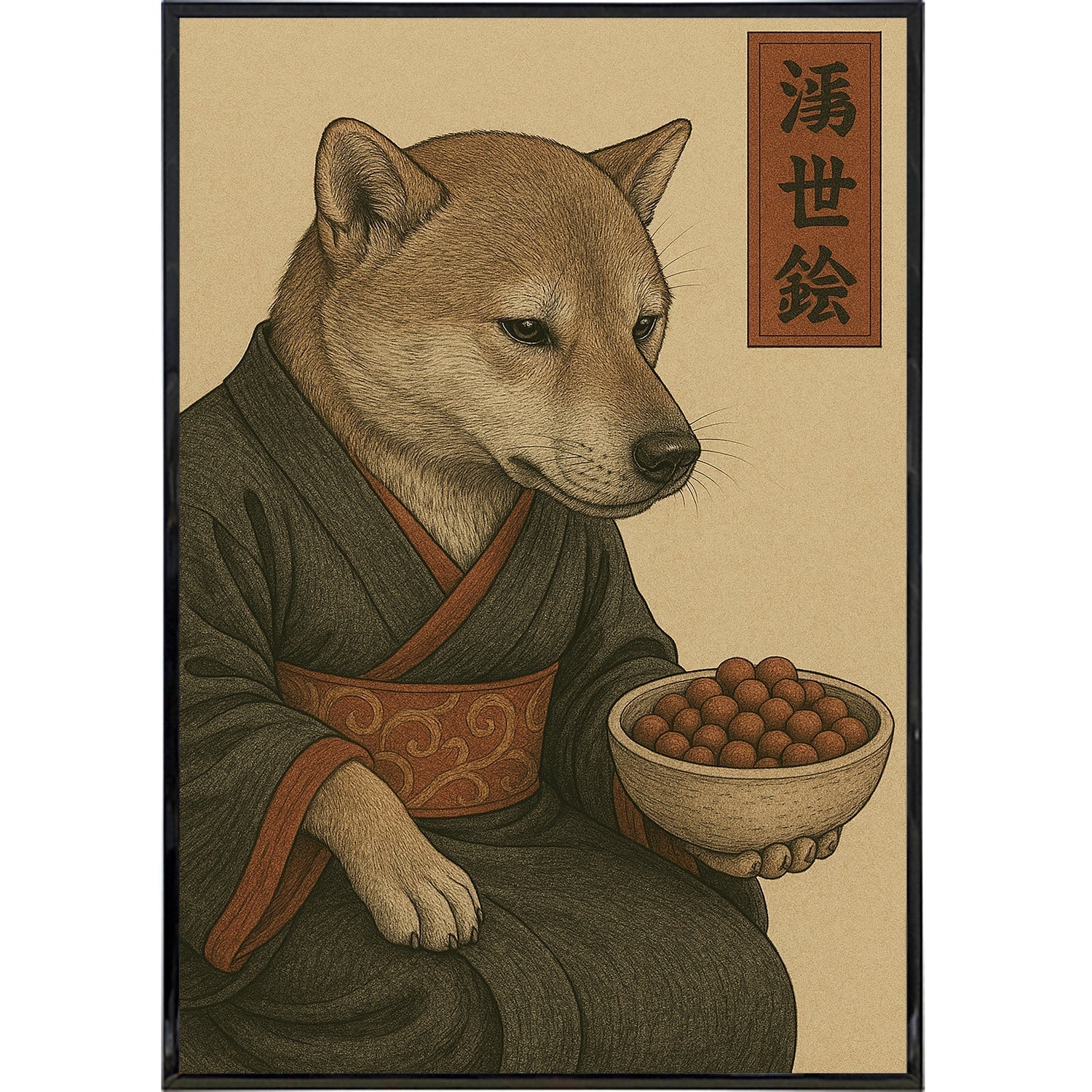 Ukiyo-e style dog art print contemplating kibble