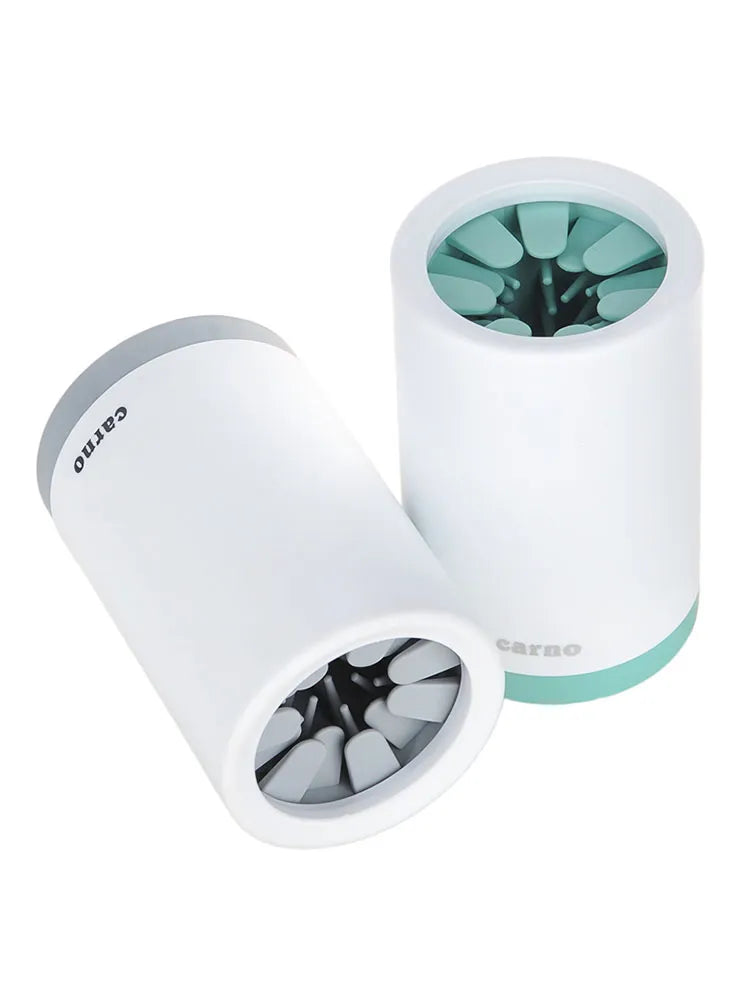 Dog paw cleaner cup available in gray green and pink colors for pet owners