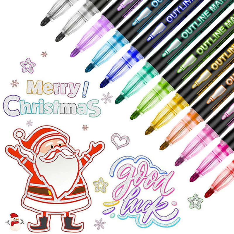 Double line outline pen metallic fluorescent markers creating Merry Christmas and gold luck artwork
