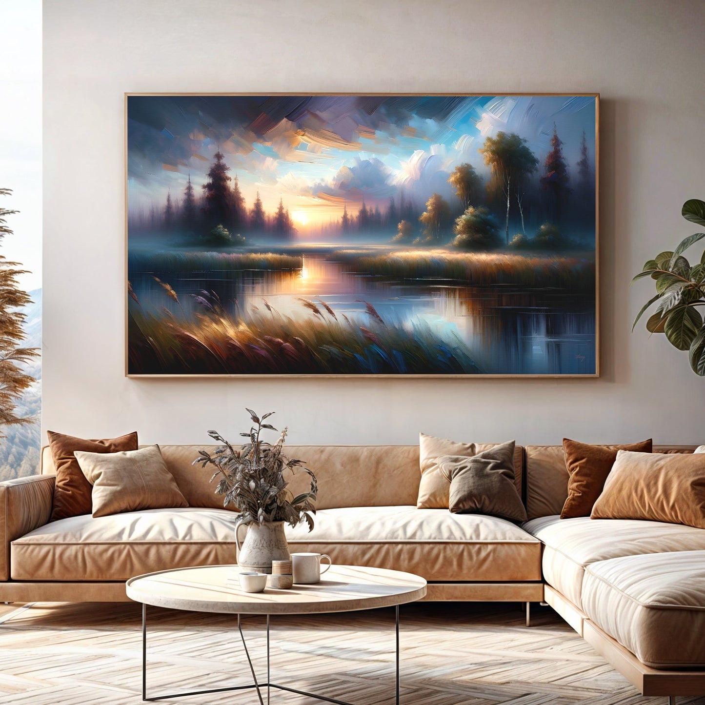 Dreaming Dusk lakeside landscape canvas wall art with soft dreamy hues at twilight