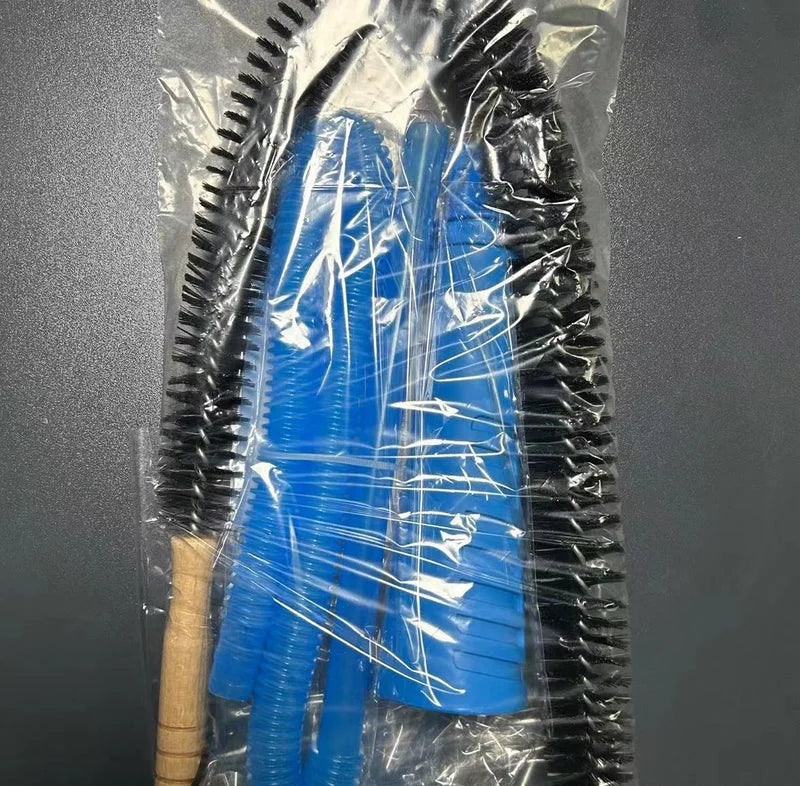 Dryer vent and washing machine cleaning brush kit packaged with blue flexible tube and long black bristle brush