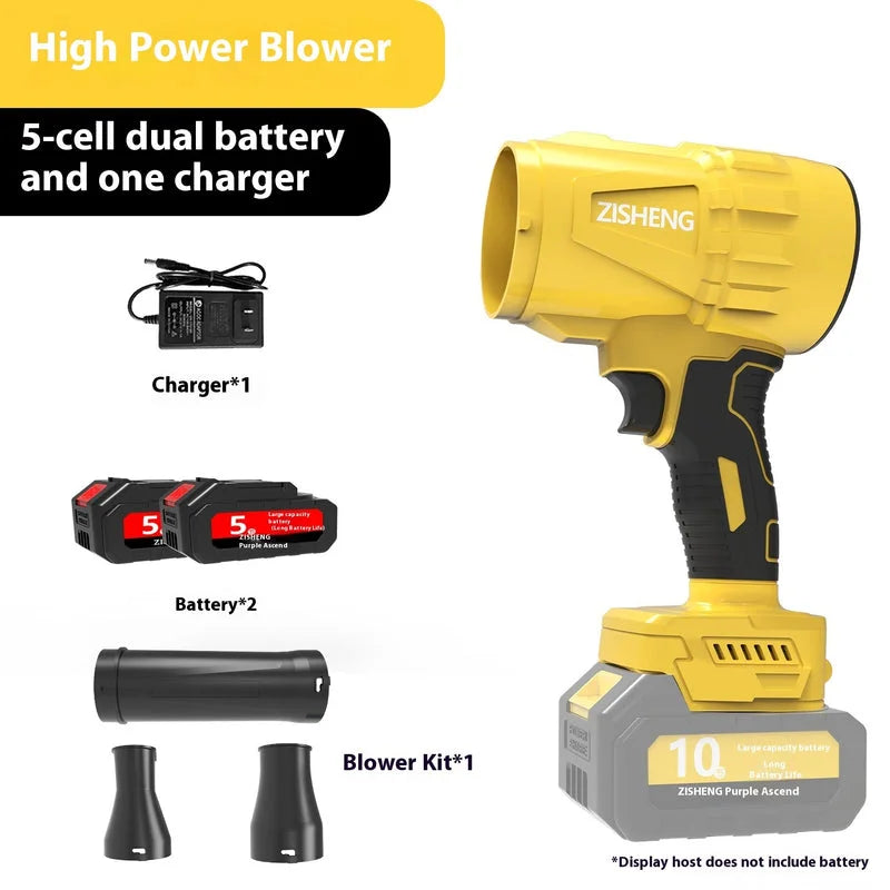 Dual-battery high-power yellow handheld blower set displayed with charger and multiple blower nozzles.