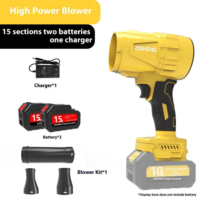 Dual 15-cell battery blower kit with charger and nozzles, designed for maximum cleaning power.