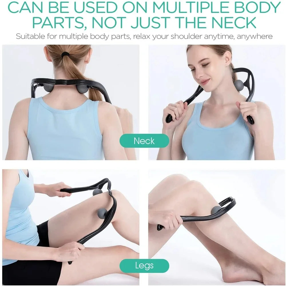 Dual ball trigger point massager demonstrating neck and leg muscle relief