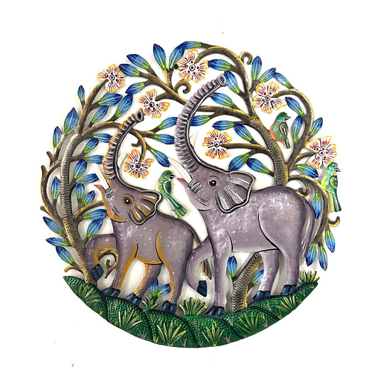 Hand-hammered Haitian steel drum round elephant metal wall art
