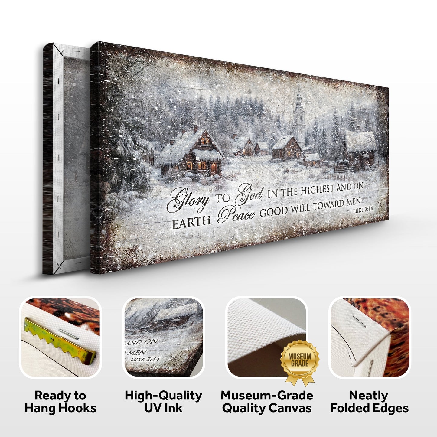 Vintage Christmas Village Luke 2:14 Scripture Canvas