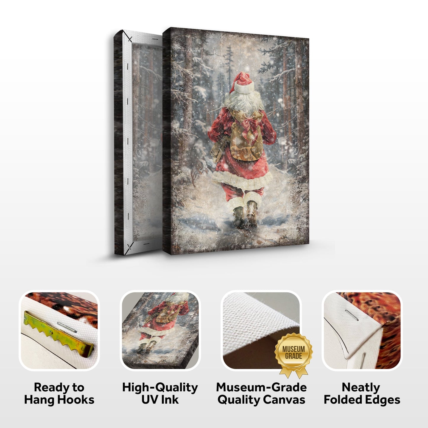 Vintage Santa in Winter Forest Christmas Canvas Wall Art