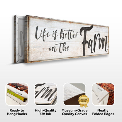 Farm quote sign canvas front and side, with text: Ready to Hang Hooks, High-Quality UV Ink, Museum-Grade Quality Canvas, Neatly Folded Edges