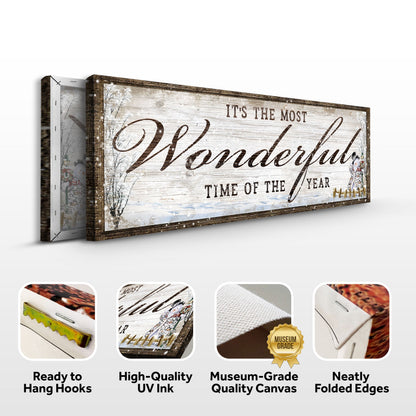 Snowman Christmas sign canvas front and side, with text: Ready to Hang Hooks, High-Quality UV Ink, Museum-Grade Quality Canvas, Neatly Folded Edges