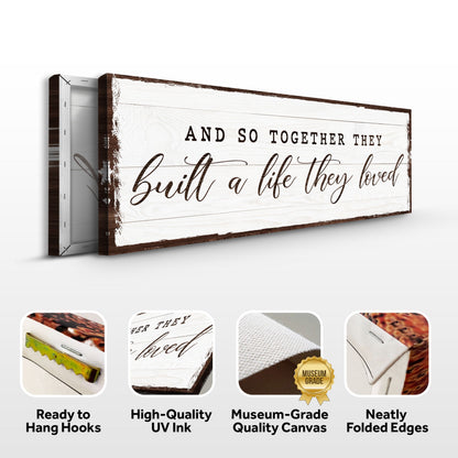 Life They Loved sign canvas front and side, with text: Ready to Hang Hooks, High-Quality UV Ink, Museum-Grade Quality Canvas, Neatly Folded Edges