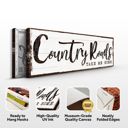Country Roads sign canvas front and side, with text: Ready to Hang Hooks, High-Quality UV Ink, Museum-Grade Quality Canvas, Neatly Folded Edges