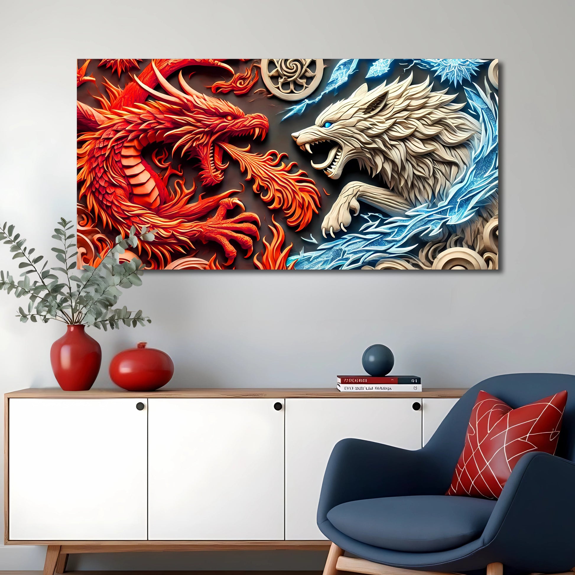3D dragon and wolf canvas wall art design five