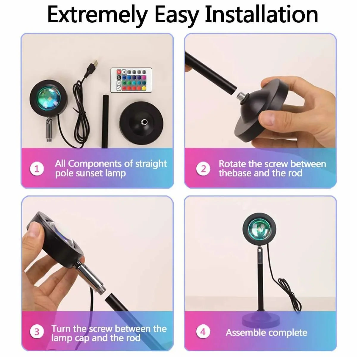 Easy 4-step assembly instructions for sunset projection lamp with USB cable and components