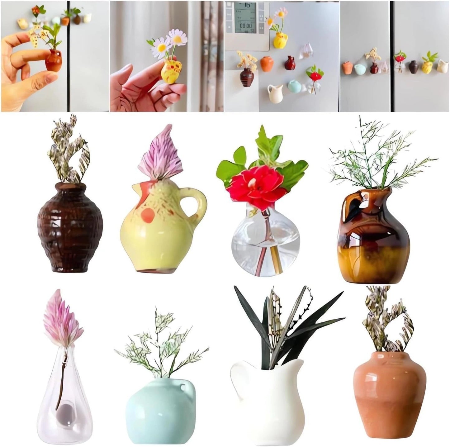 Eight colorful mini ceramic vase magnets arranged on white wall with small flowers