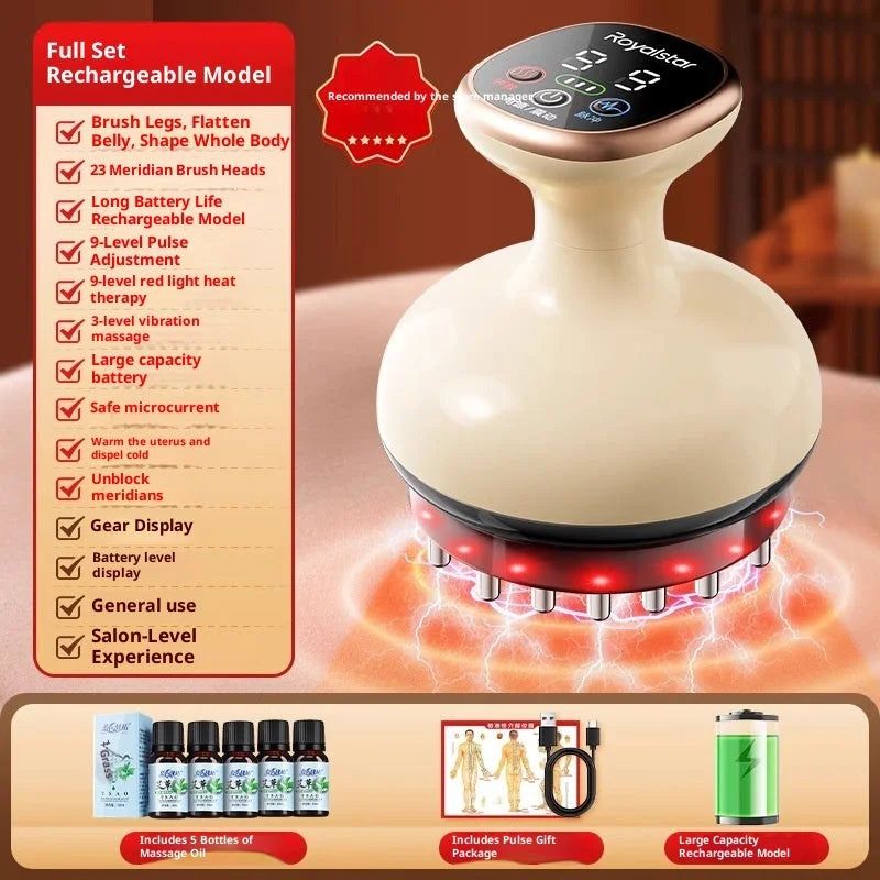 Electric body brush massager full set with red light therapy, rechargeable model with 23 meridian brush heads and massage oils