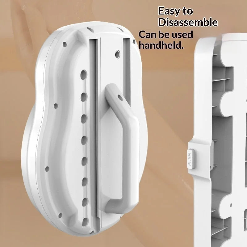 Electric body scrubber showing detachable handheld design and wall mount base