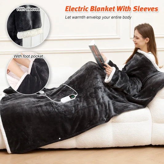 Electric heated blanket with sleeves and foot pocket being used by a person on a couch.