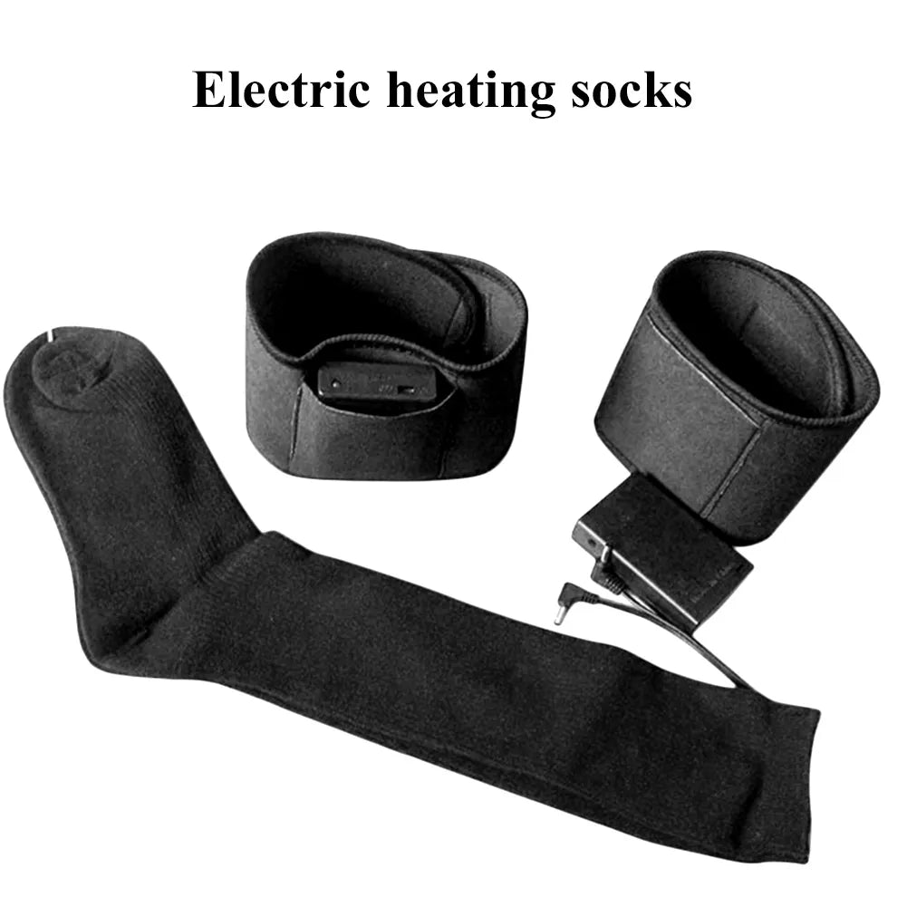 Electric heated socks components showing cotton sock heating inserts battery packs