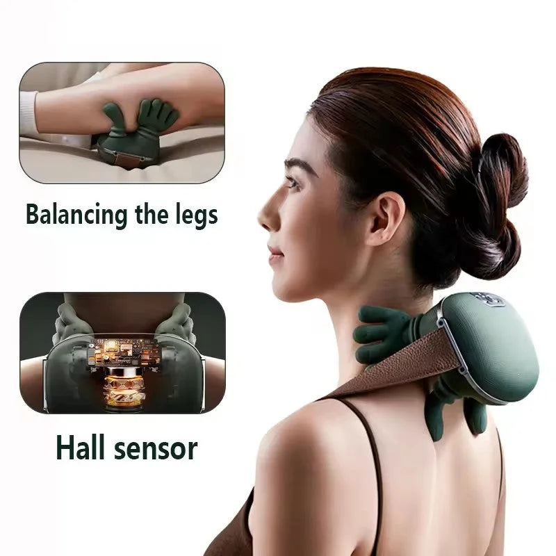 Electric massager demonstrated on the legs with hall sensor technology for balanced pressure.