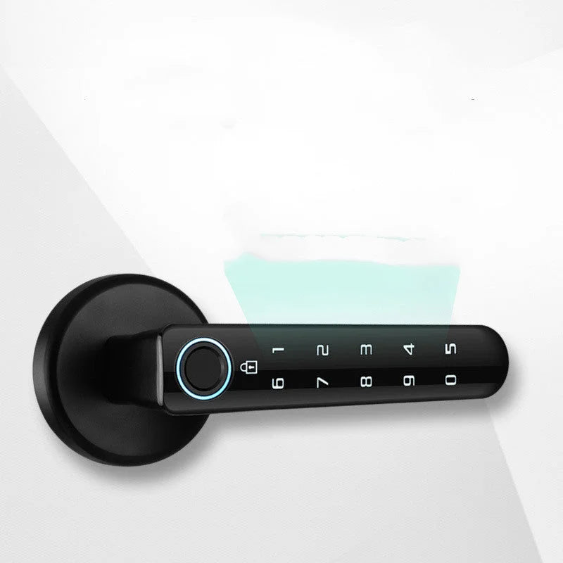 Electronic fingerprint lock with sleek black handle and hidden touch panel interface