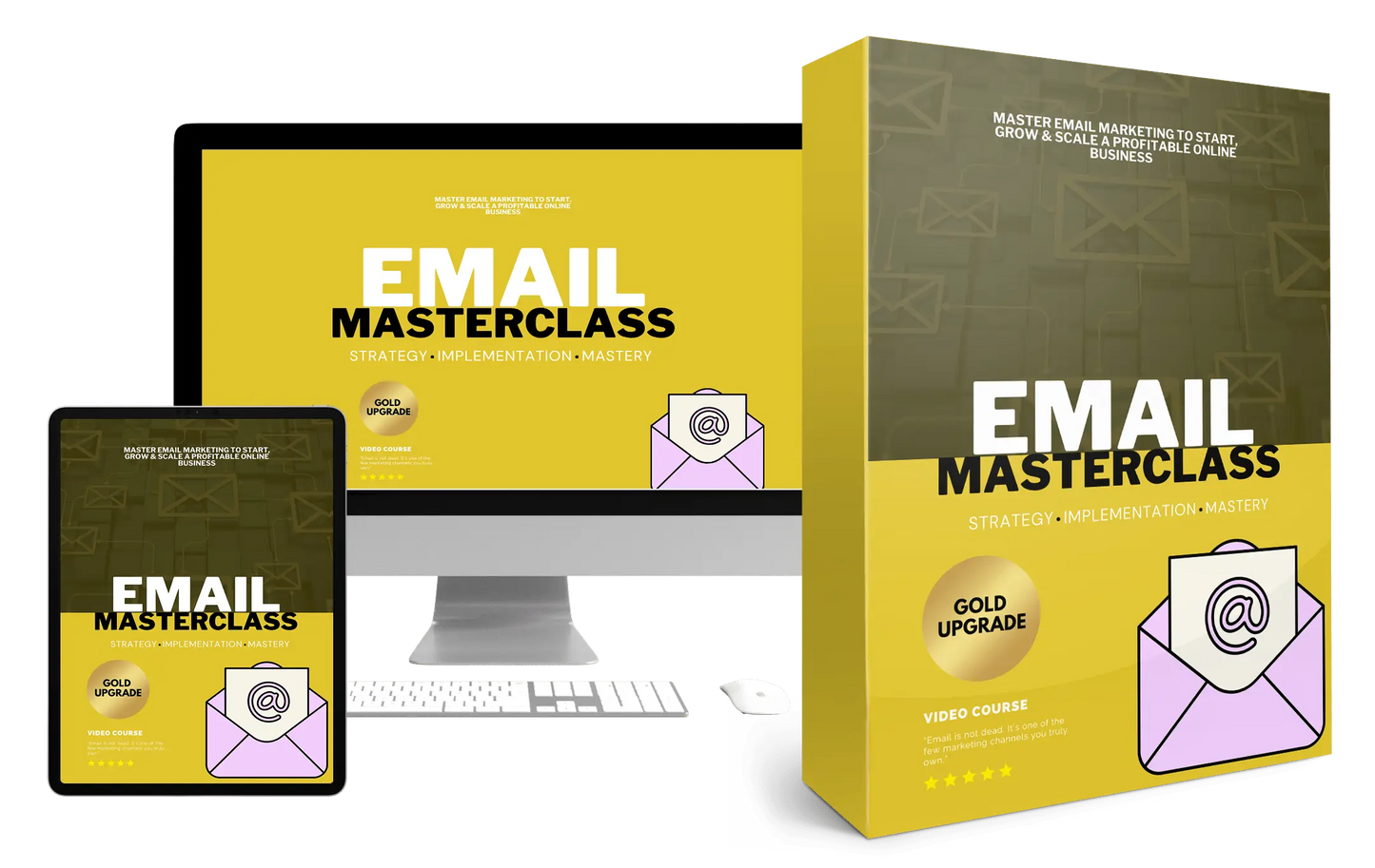 Email Masterclass video course product packaging including a box, tablet, and computer monitor on a white background.