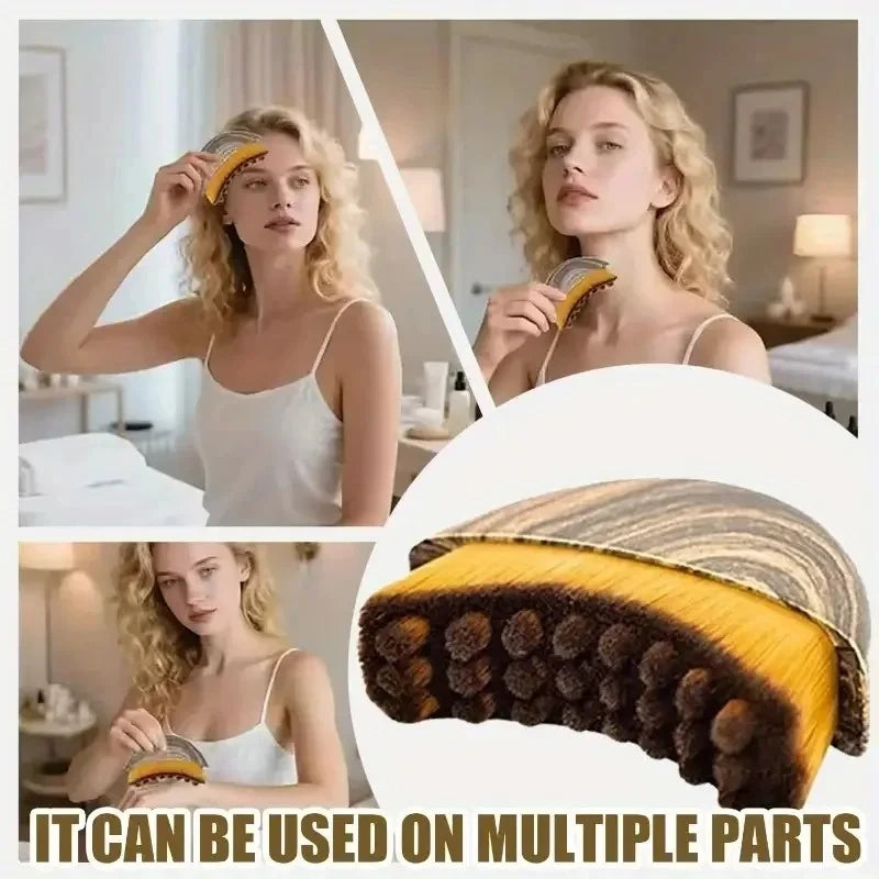 Ergonomic wooden lymphatic face massage brush demonstrating comfortable grip natural contour design for daily use