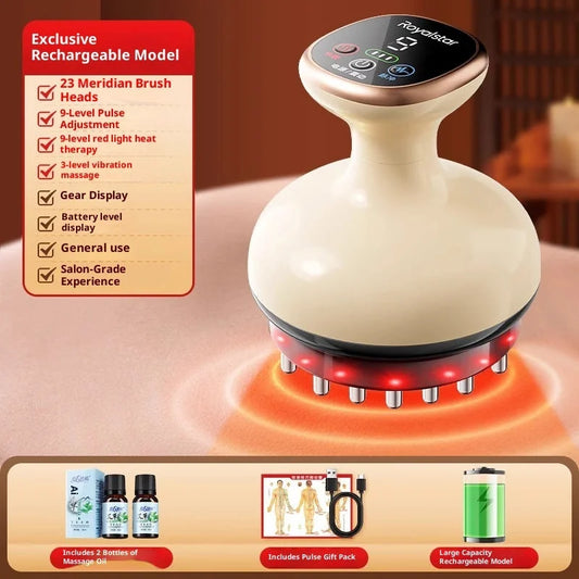 Exclusive rechargeable electric body massager showing red light heat therapy feature and digital display with included accessories