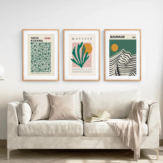 Sage Green Abstract Wall Art Set of 3, Modern Triptych