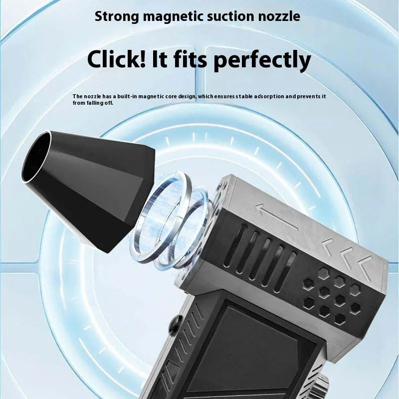 
Exploded view of turbo fan showing strong magnetic suction nozzle attachment with secure click-fit design