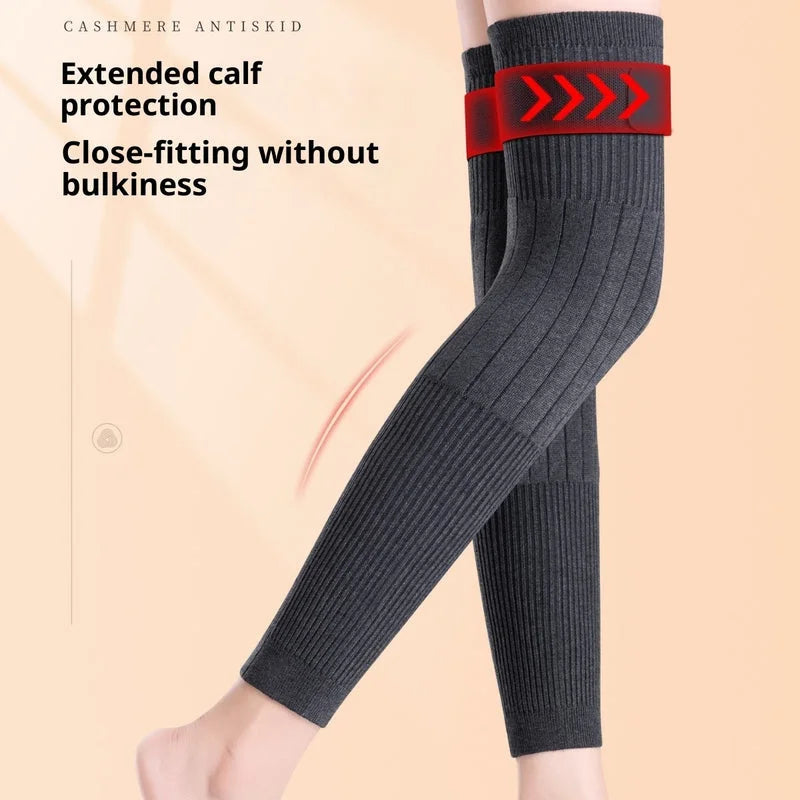 Extended calf protection knee sleeves in dark gray offering close-fitting cashmere warmth without bulk