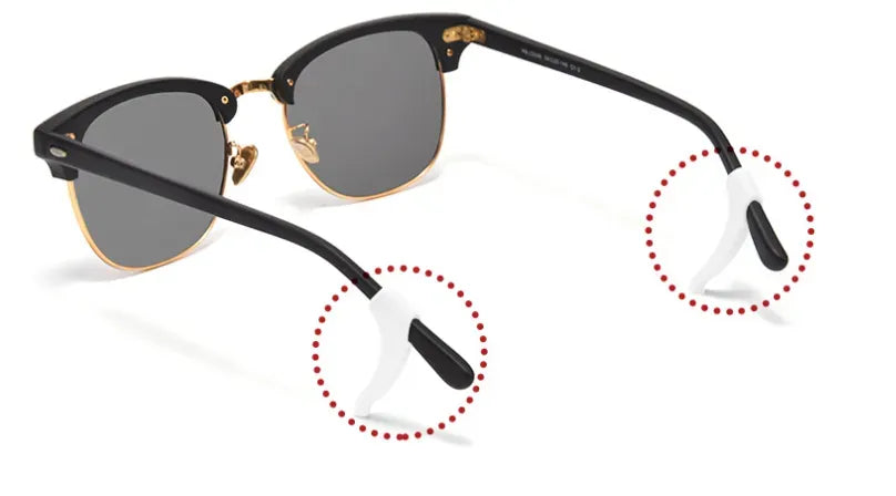 Eyeglass ear grips on sunglasses showing secure fit