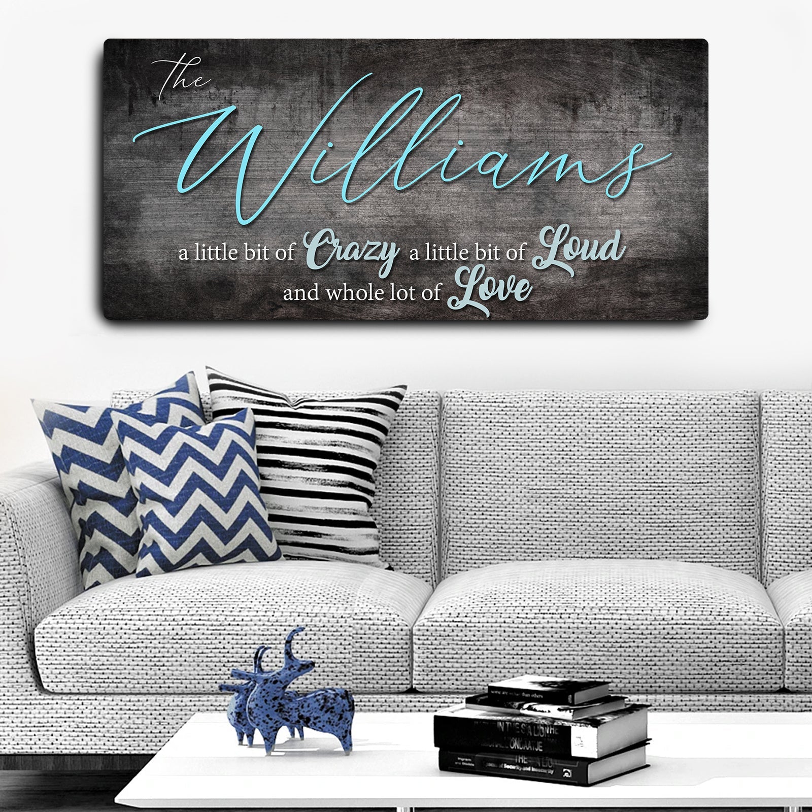 Personalized family name canvas wall art in a living room