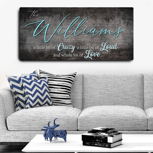 Personalized family name canvas wall art in a living room