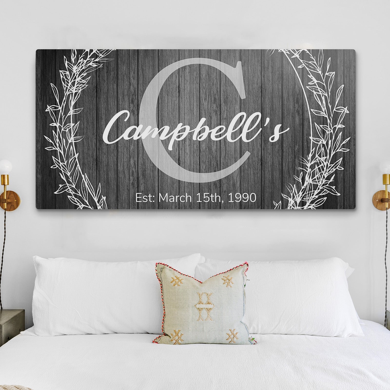 Personalized family name monogram canvas wall art in an entryway
