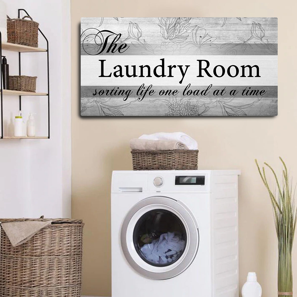 The Laundry Room canvas wall art above a washer