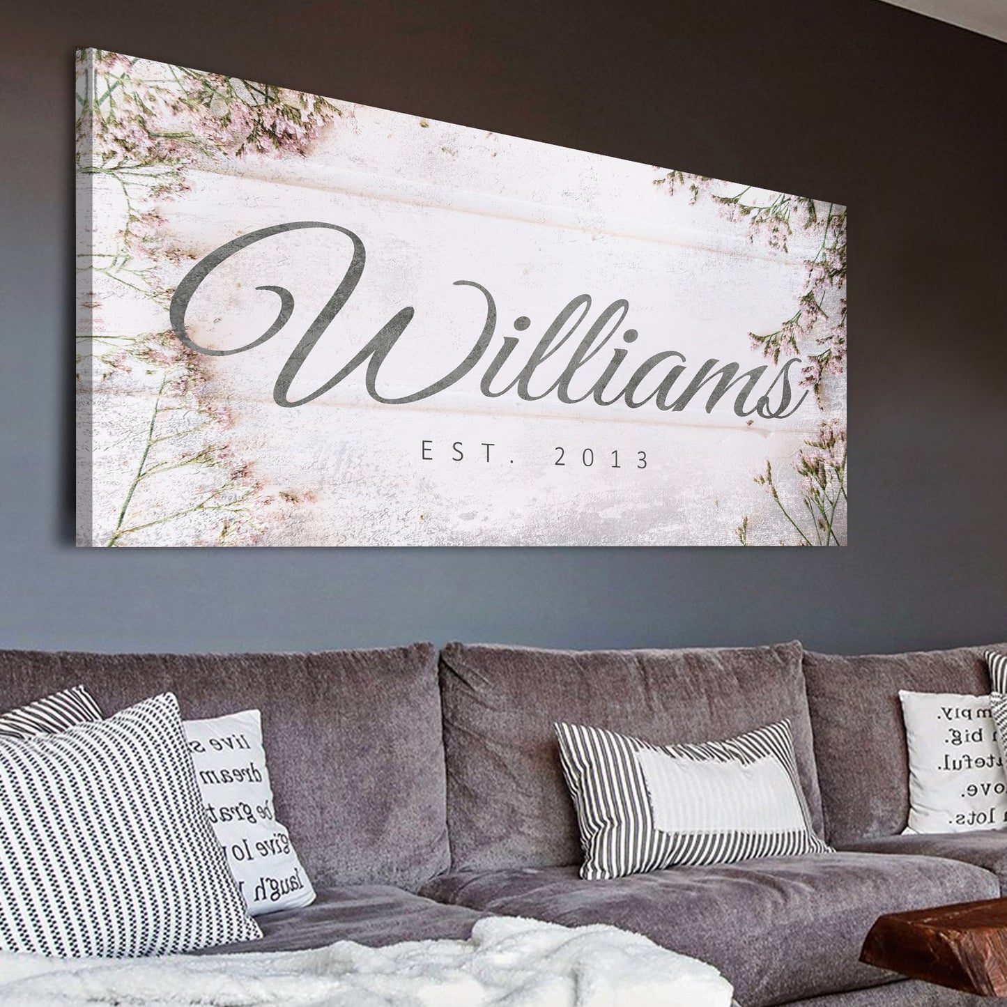 Personalized family name canvas wall art above a couch