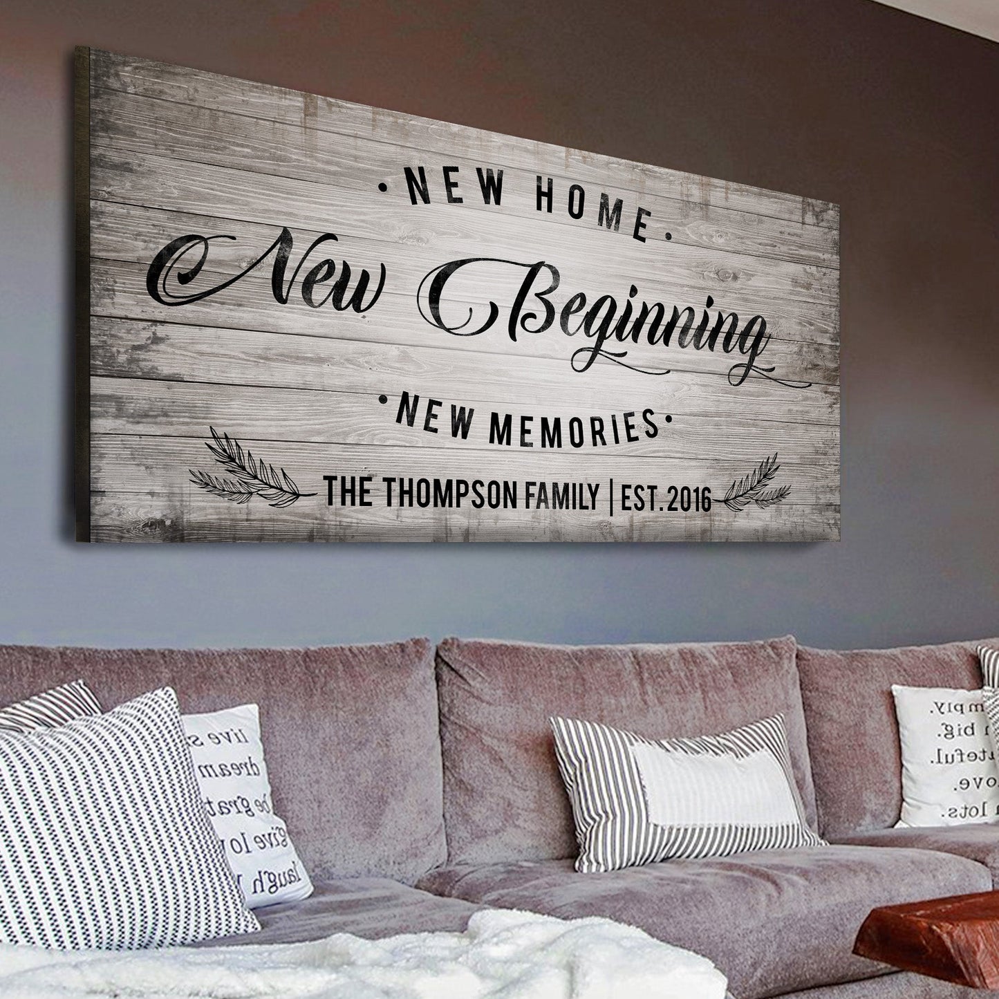 New Home canvas wall art sign in a welcoming entryway