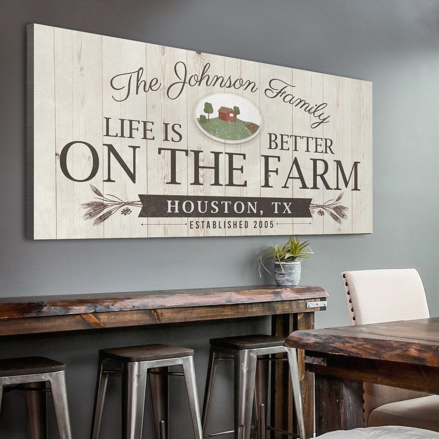 Life Is Better on the Farm canvas wall art in a farmhouse kitchen