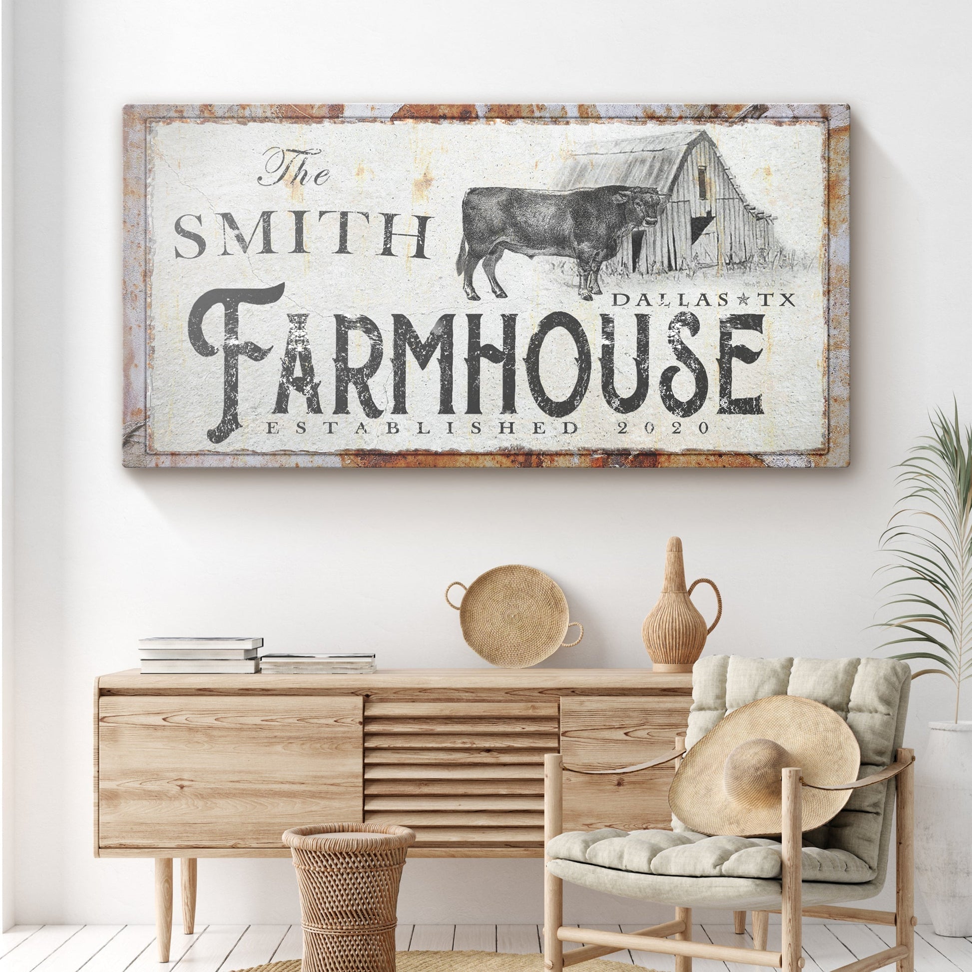 Personalized rustic farmhouse canvas sign with weathered country lettering