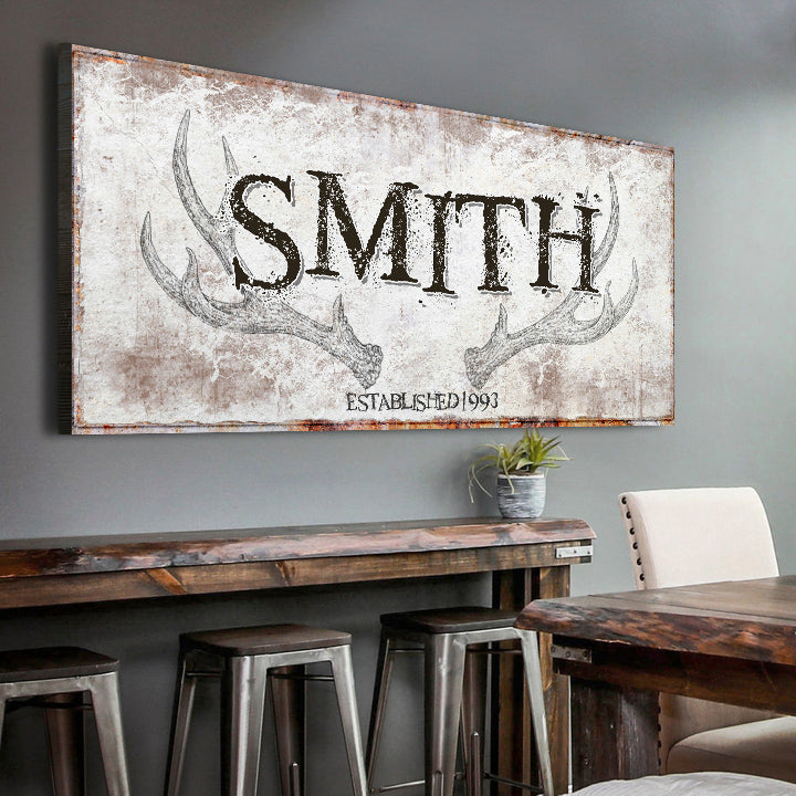 Rustic personalized family antler canvas sign with family name and established year
