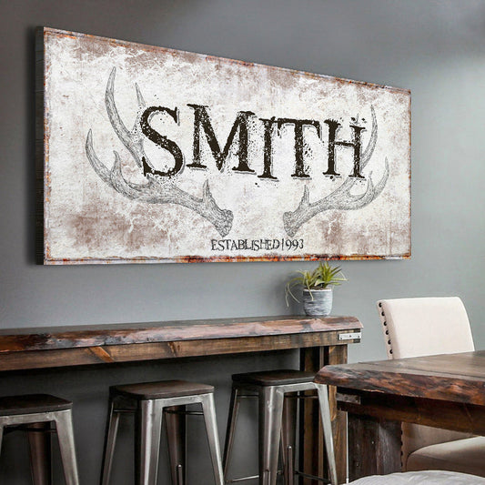 Rustic personalized family antler canvas sign with family name and established year