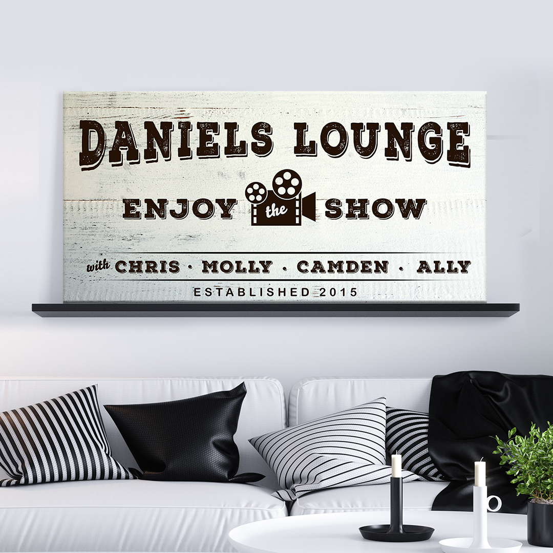 Enjoy the Show Family Cinema personalized canvas sign for home theaters