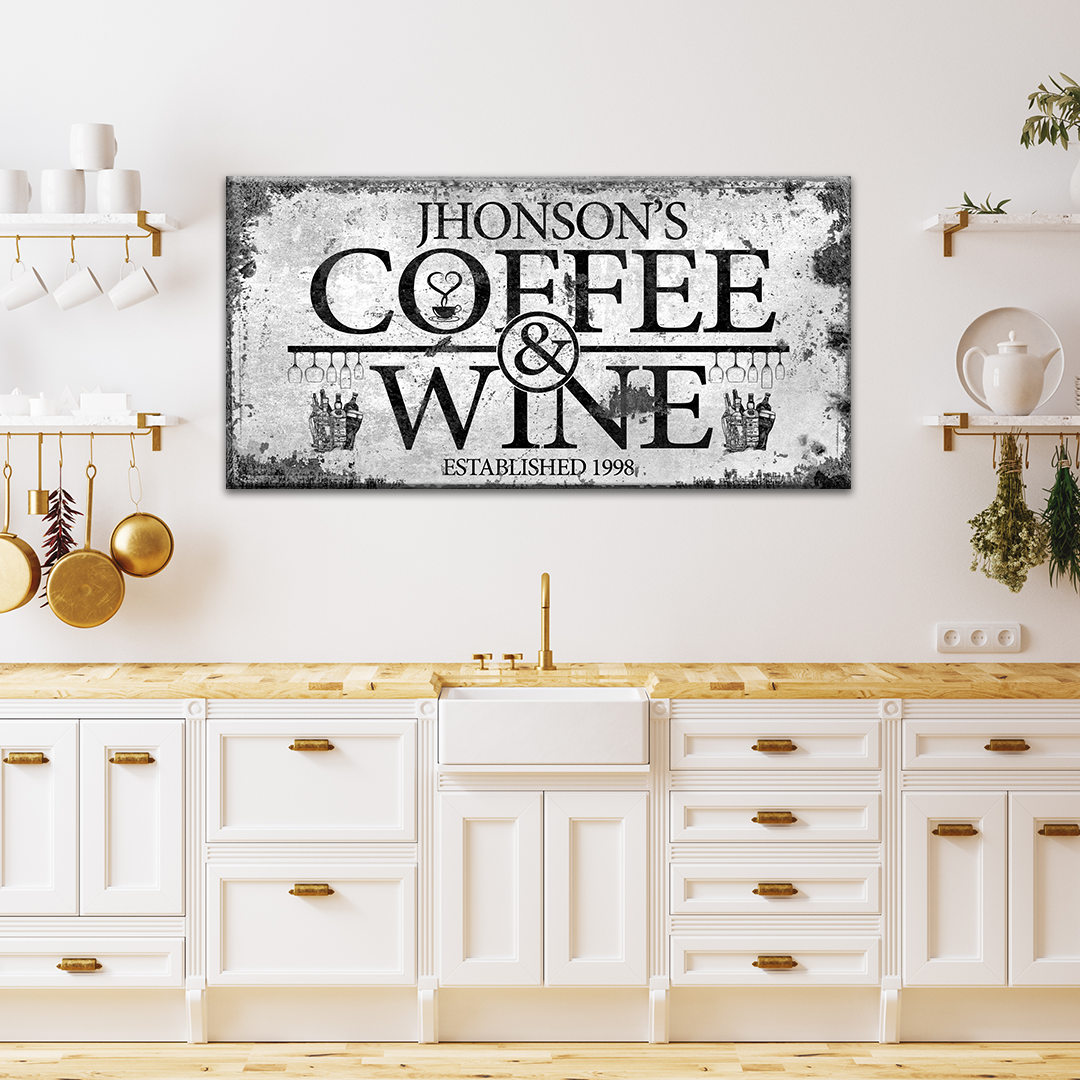 Personalized Coffee and Wine bar canvas sign with rustic styling