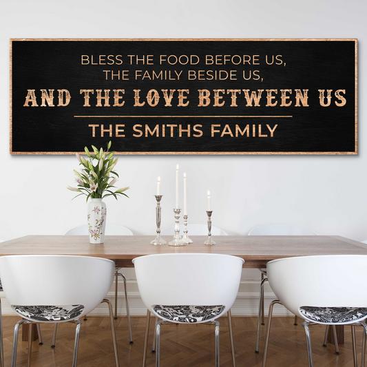 Personalized family blessing canvas sign with Bless the Food message, rustic style, ready to hang