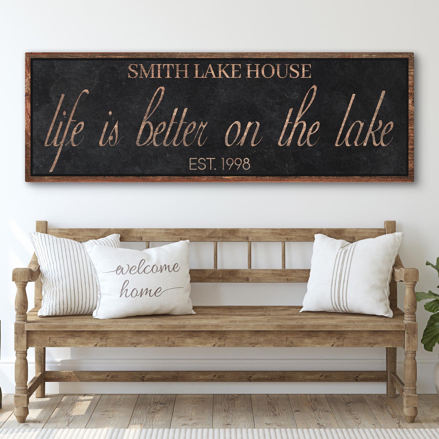 Life Is Better On The Lake canvas sign with relaxed rustic lake house lettering