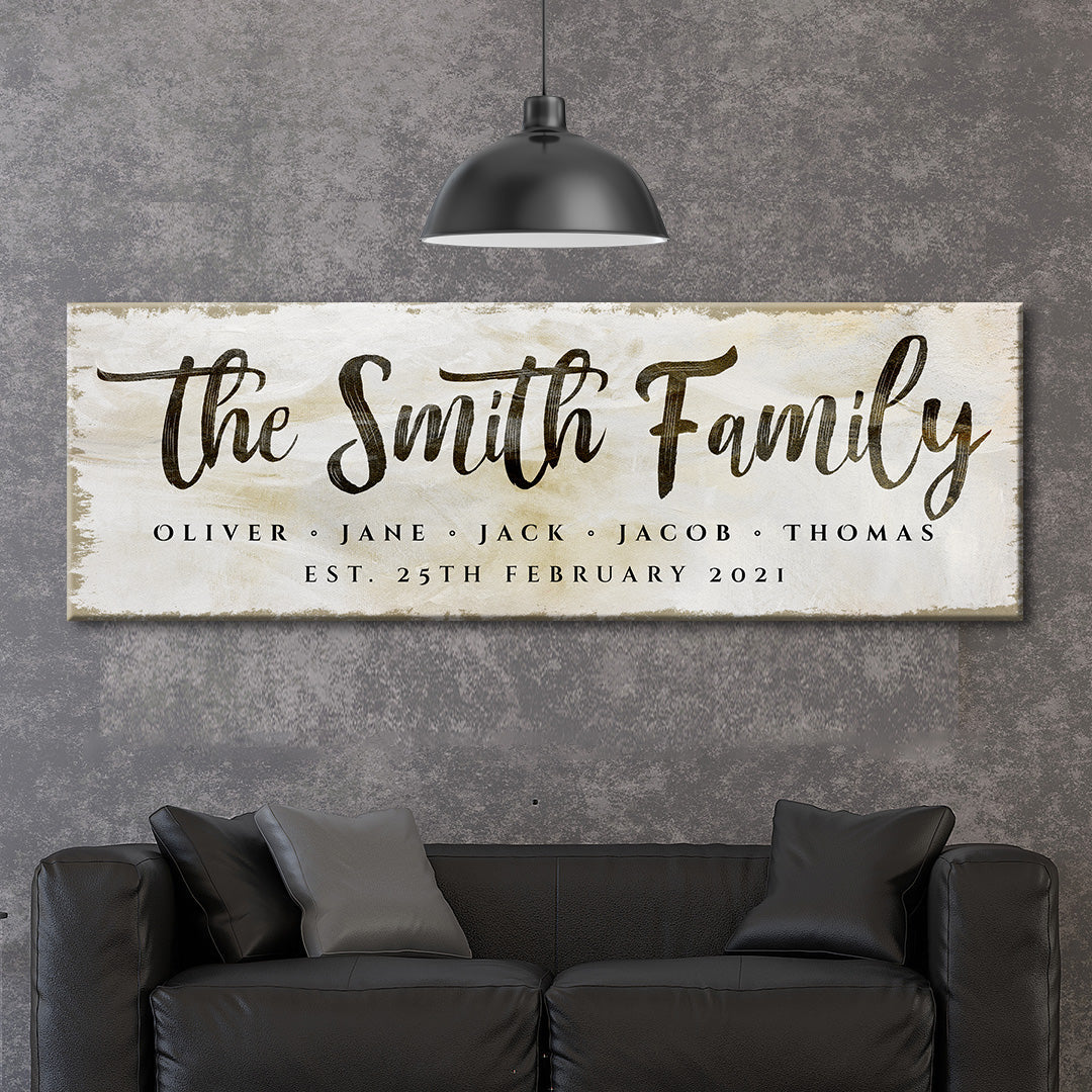 Personalized family established canvas sign with name and year, rustic style, ready to hang
