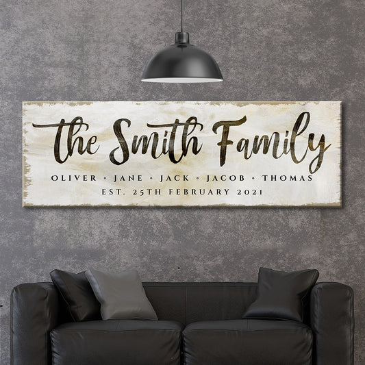 Personalized family established canvas sign with name and year, rustic style, ready to hang