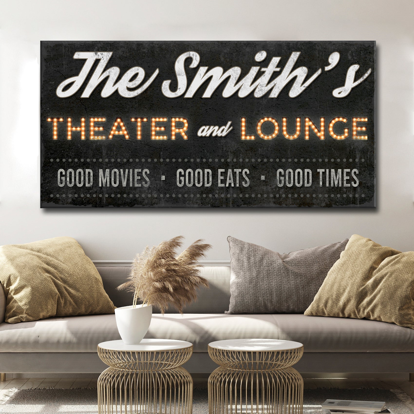Family Theater and Lounge personalized canvas sign with vintage cinema marquee lettering