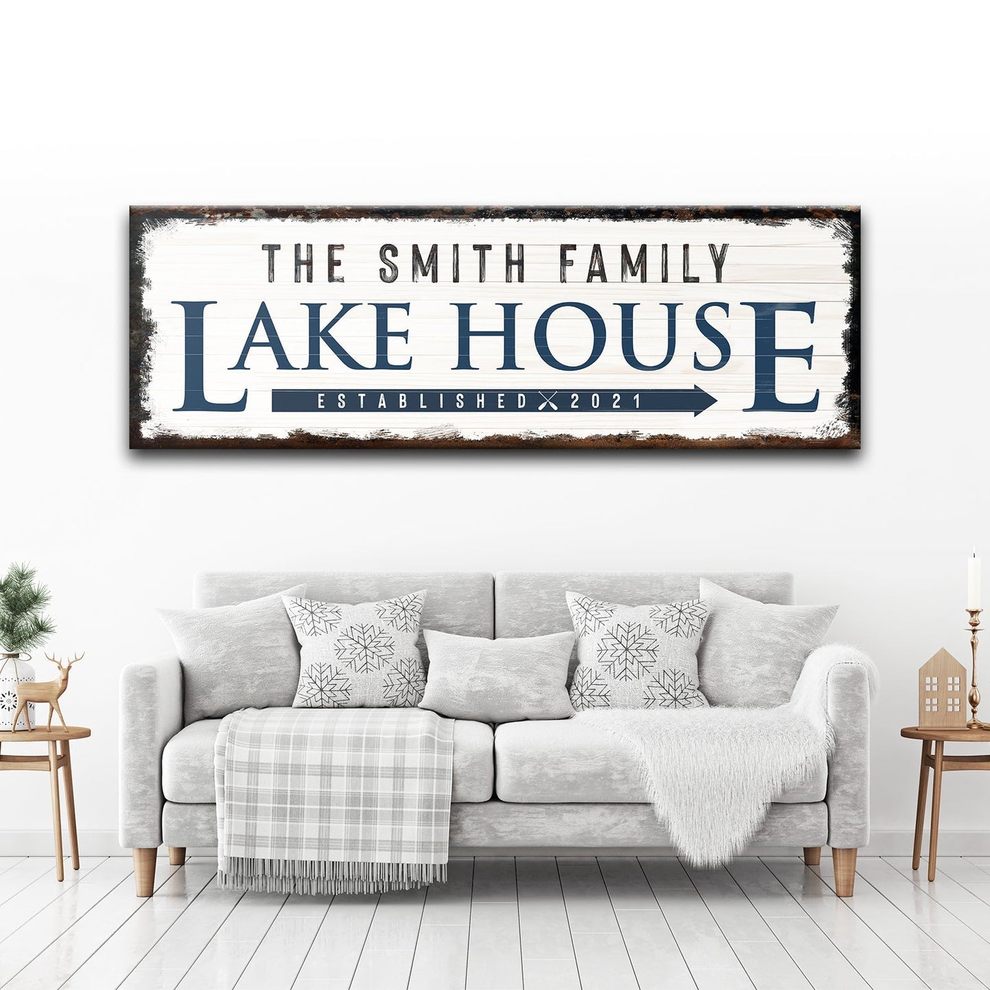 Family Lake House personalized arrow canvas sign with rustic directional lettering